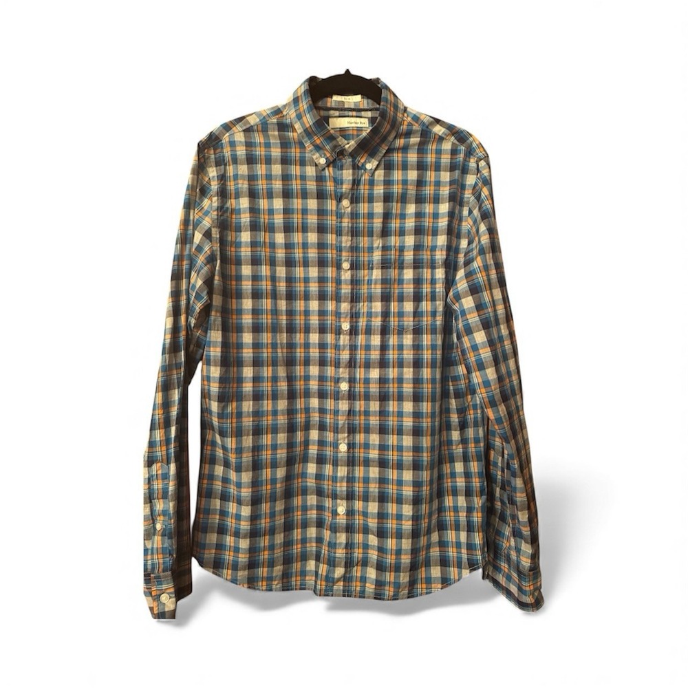 Hawker Rye Men's Shirt Sz Medium Blue, Gray, Orange Plaid Classic Long Sleeve